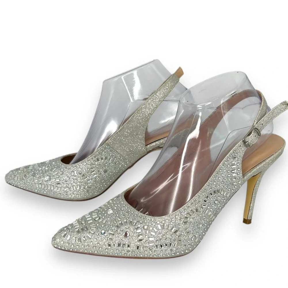LAUREN LORRAINE Rachel Silver Shimmer Shoes‎ Stilettos Crystals Size 8.5 Bridal